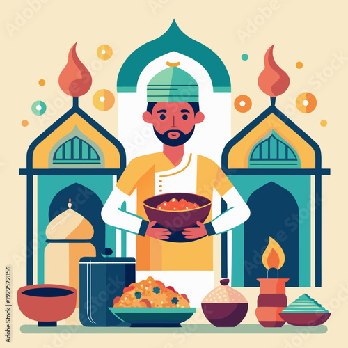 Man Serving Biryani with Traditional Food Display