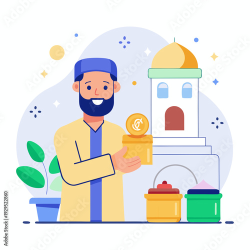 Man Giving Charity in Front of Mosque Illustration