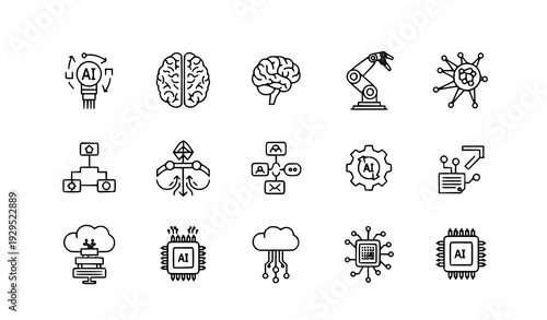 Thin Line AI Icons Set Featuring Brain, Robotics, Algorithm and Machine Learning Symbols