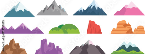 Colorful and varied mountain landscape with different shapes and colors mountains purple green