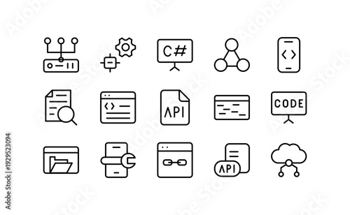 API Integration line icon collection. Application programming interface, automation, server, cloud sync, developer tools vector icons