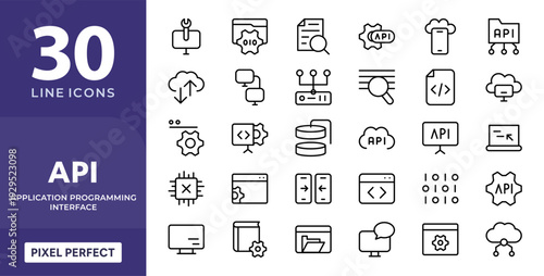 API Integration line icon set. Data exchange, automation, server, cloud sync, developer tools, vector icons set