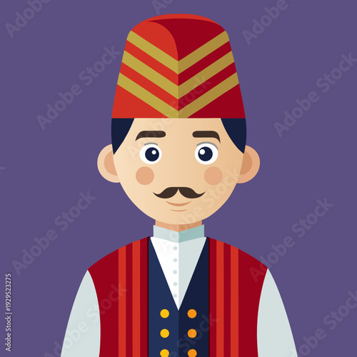 Turkish Man Wearing Traditional Ottoman Clothing and Fez