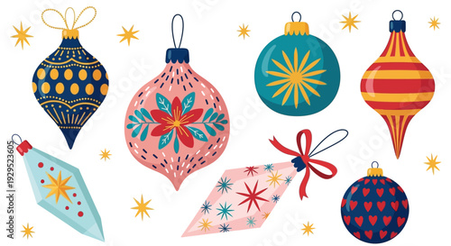 Festive Christmas Ornaments Collection with Stars Isolated on White Background