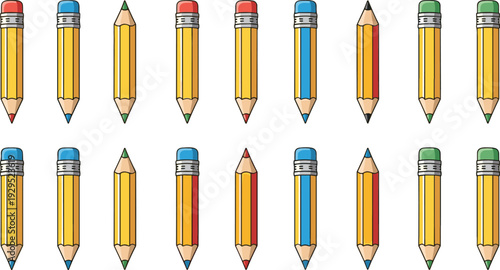 Yellow Wooden Pencils Collection with Colorful Erasers and Sharpened Tips School Supply Flat Vector Illustration Set