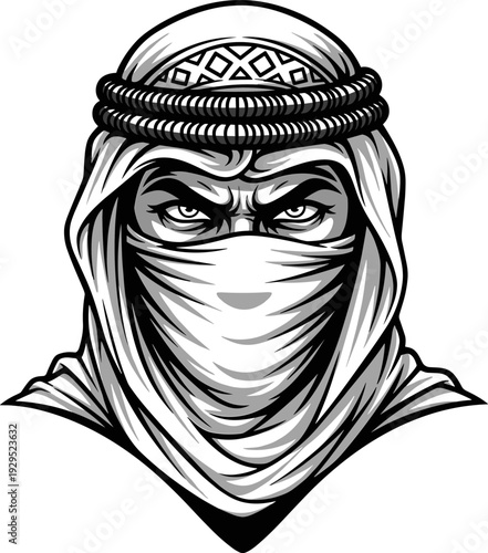 A black and white illustration of a Middle Eastern man wearing a headscarf and turban, with an intense and serious expression, set against a plain white background.