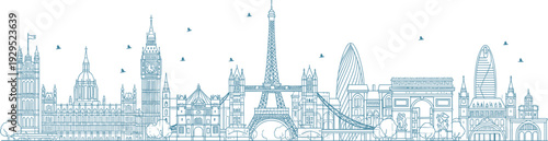 Blue line art European city skyline panorama featuring London Big Ben, Tower Bridge, Paris Eiffel Tower, Arc de Triomphe, and famous architectural landmarks for travel and tourism.