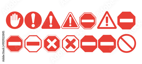 Red warning and prohibition signs with different shapes and symbols, safety instruction alerts, workplace hazard and industrial caution visuals, traffic warning vector illustration.