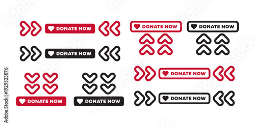 Collection of "Donate Now" buttons with hearts and arrows in red and black