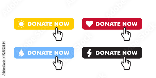 Collection of colorful donate now buttons with icons and cursor pointers