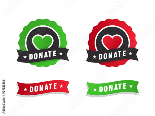 Set of green and red donate badges and ribbons with heart icons for charity campaigns
