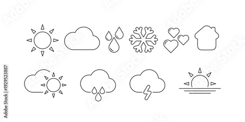 Collection of weather icons and symbols including sun, clouds, rain, snow, and lightning