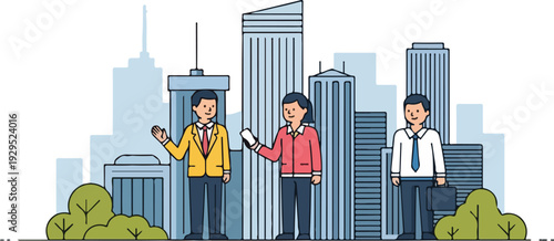 Illustration of people discussing sustainable smart city infrastructure in front of a modern cityscape with skyscrapers and green trees.