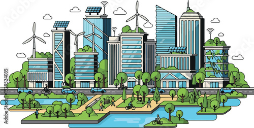 Illustration of a sustainable smart city infrastructure with modern buildings, green spaces, and renewable energy sources like wind turbines and solar panels, set against a clean white