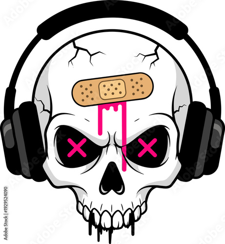 A striking illustration of a skull wearing black headphones, with a band aid on its forehead and pink blood dripping down, conveying a bold and edgy vibe, perfect for music or art related projects.
