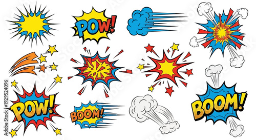 Comic book explosion and action elements set on white background.