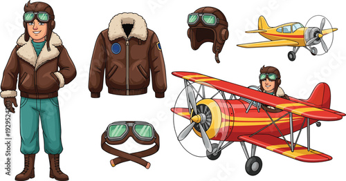 Vintage Aviator Pilot Character with Retro Biplane Aircraft and Flying Gear Flat Vector Illustration Set