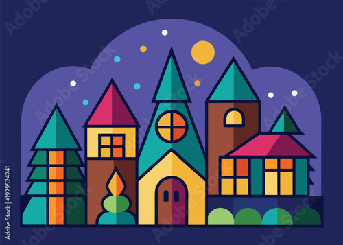 Stained glass style illustration of a magical winter village scene with houses, trees, moon, and stars at night.