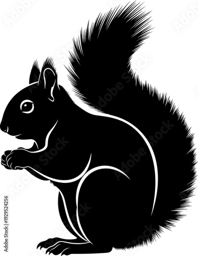 A black silhouette of a squirrel standing on its hind legs with a bushy tail, set against a clean white background, creating a striking contrast.
