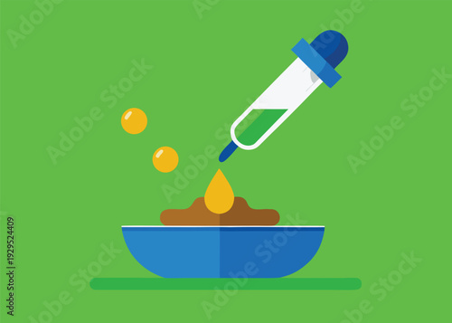 Hand holding a dropper dispensing healthy oil drops into a blue bowl filled with pet food for nutrition supplementation.