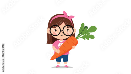 Cute little girl with glasses and a pink headband holding a giant orange carrot in a whimsical food illustration.