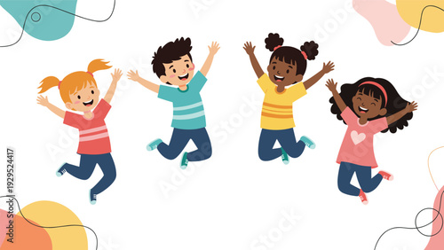 Group of diverse children jumping high in the air with joy and excitement against a colorful abstract background.