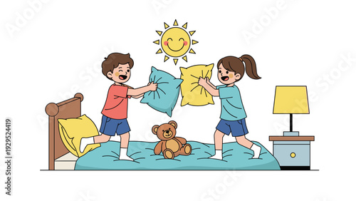 Playful young siblings having a fun pillow fight on a bed with a teddy bear and sun decoration in their bedroom.