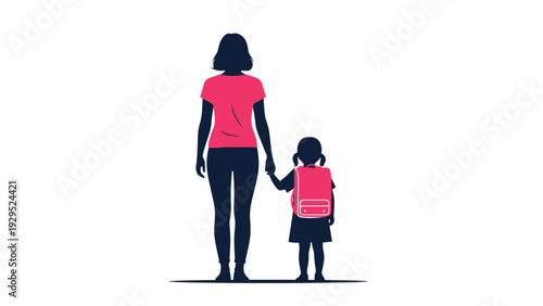 Silhouette of a mother and daughter walking together with the small child wearing a bright pink school backpack.