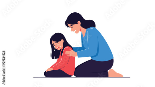 Kind woman kneeling down to comfort and hug a crying young girl in a very supportive and emotional family scene.