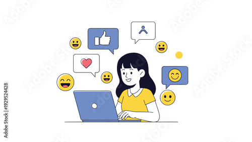 Young woman using her laptop while surrounded by various social media and communication icons like likes and hearts.
