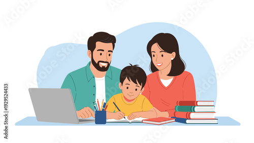 Caring parents sitting with their young son at a desk to help him with his school homework and writing studies.