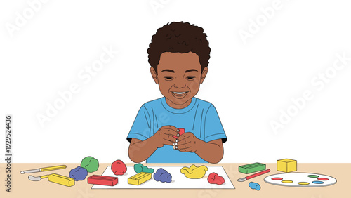 Creative young boy smiling while playing with colorful modeling clay or playdough at a table with various art tools.