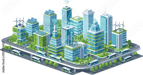 Isometric illustration of a sustainable smart city infrastructure with modern buildings, green spaces, and advanced transportation systems on a clean white background with a futuristic and
