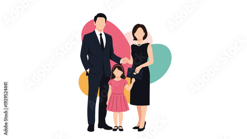 Father, mother, and their young daughter pose formally in elegant black and pink outfits against a colorful abstract background.