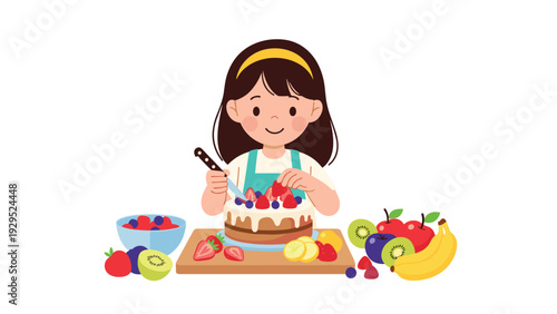 Young girl carefully decorating a delicious cake with fresh strawberries and blueberries in a bright clean kitchen.