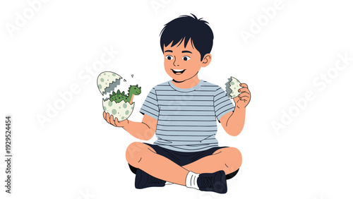 Amazed young boy sits on the floor and holds a cracked eggshell as a tiny green baby dinosaur hatches out of it.