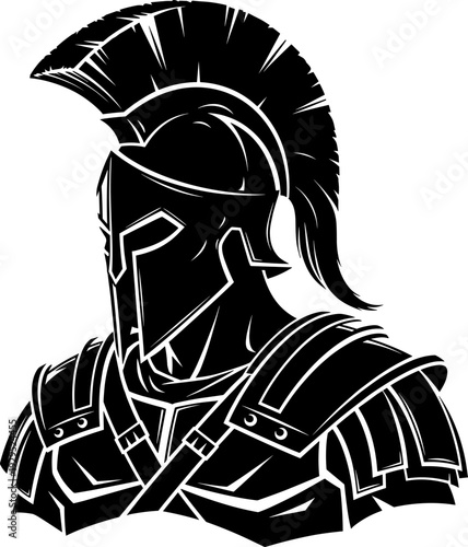 A dramatic black and white illustration of a Spartan warrior wearing a helmet and armor, set against a plain white background, evoking a sense of strength and courage.