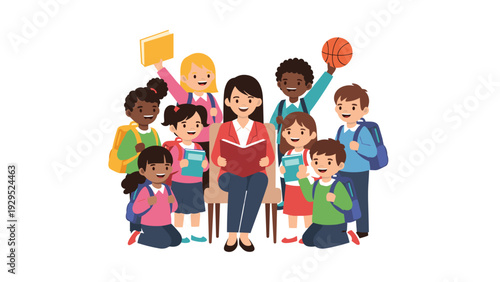 Friendly female teacher sits and reads a story from a book to a diverse group of eager young students with their backpacks.