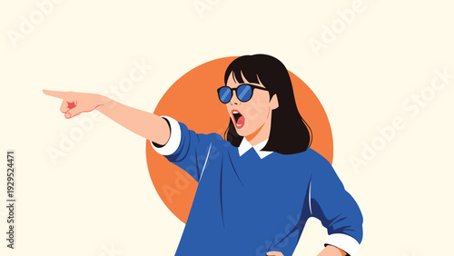 Stylish woman wearing blue sunglasses and a sweater points her finger and shouts urgently toward something in the distance.