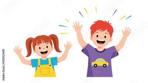 Excited boy and girl throw their hands in the air and shout with joy to celebrate a victory or a moment of pure happiness.