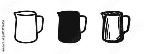 Pitcher Jug Icon Set - Hand Drawn Drink Container and Kitchenware Symbols in Outline, Solid, and Doodle Styles