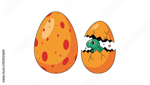 Green baby dinosaur hatching from a large spotted orange egg while another egg sits nearby waiting for life to emerge.
