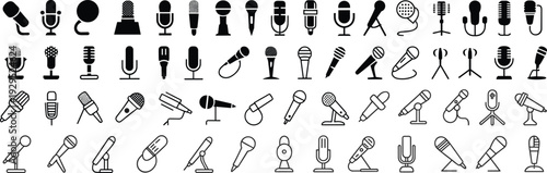 Microphone Icon Set in Line and Solid Styles, Retro and Modern Audio Recording Equipment Vector Collection Isolated on White Background
