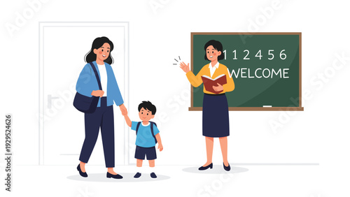 Caring mother taking her young son to school for the first day where a friendly teacher welcomes them at the classroom.
