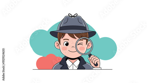 Young boy dressed as a detective wearing hat and using a magnifying glass to investigate clues and solve mysteries.