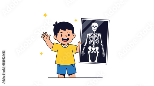 Proud young boy holding a medical X-ray of a human skeleton to show interest in anatomy and science education.