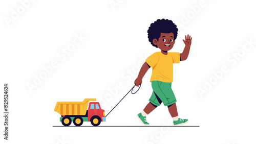 Young boy with curly hair pulling a red and yellow toy truck on a string while waving during creative outdoor play.