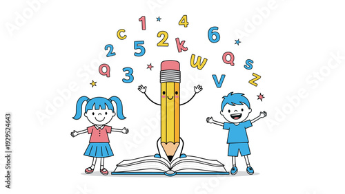 Happy students around a giant anthropomorphic pencil and open book with floating letters and numbers for education concept.