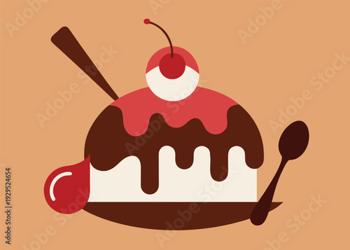 Surreal chocolate dessert illustration featuring a cake with a cherry, spoons, and a red drop on brown.
