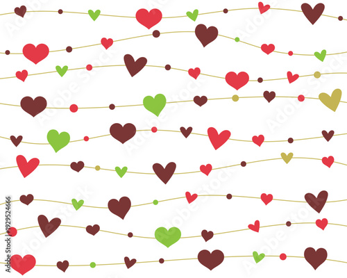 Simple pattern of colorful hearts on wavy lines, perfect for Valentine backgrounds, wrapping paper, and cute designs.